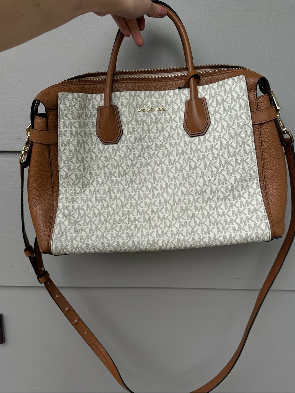 Michael Kors Brown and White MK Signature Satchel